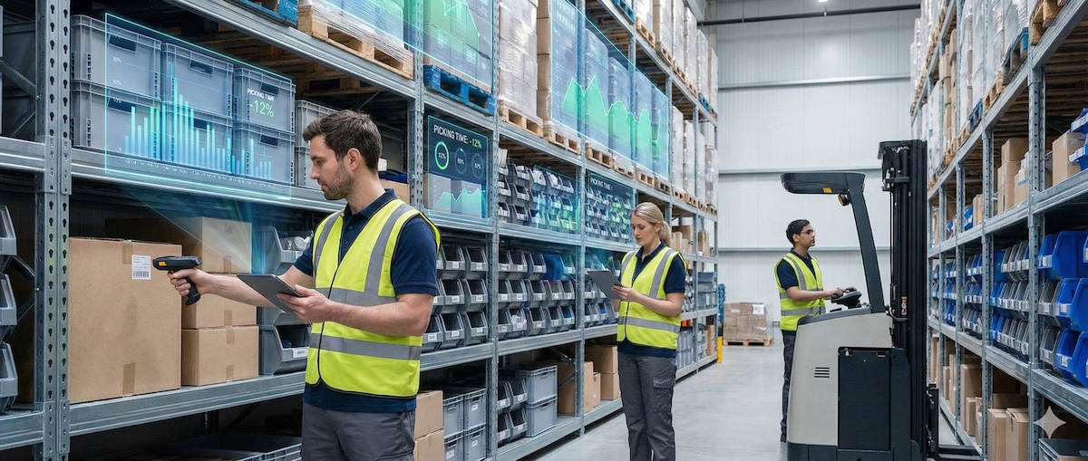 warehouse workers uses inventory software to ship goods