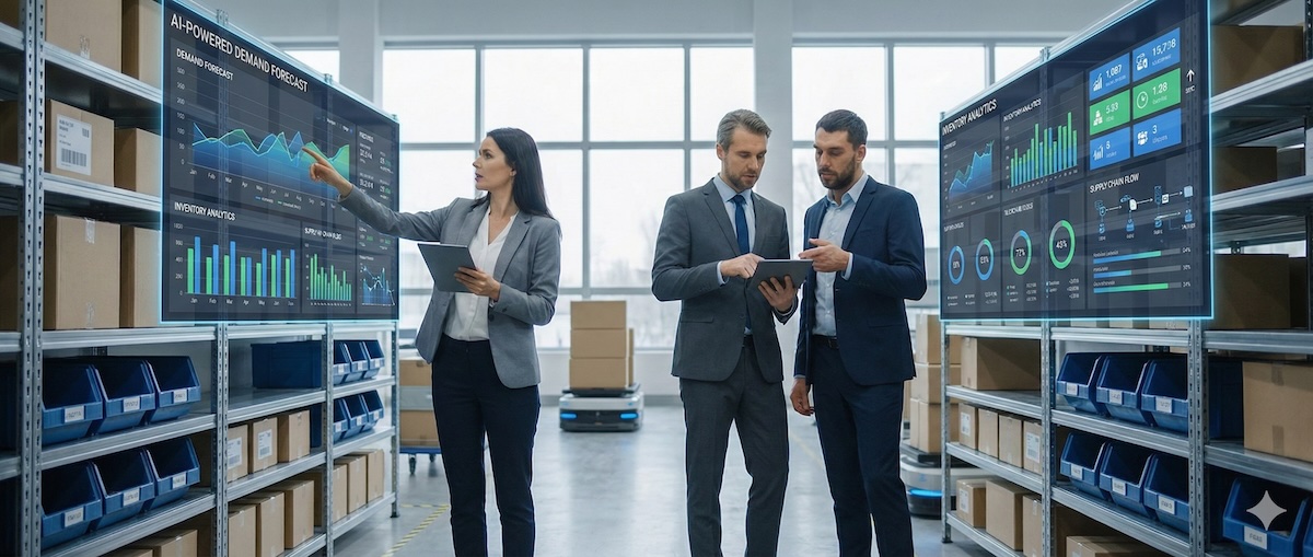 Business people analyzing inventory management data in warehouse.