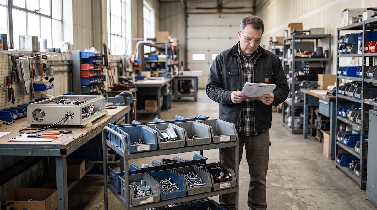 business owner chooses inventory software for manufacturers with inventory warehouse behind